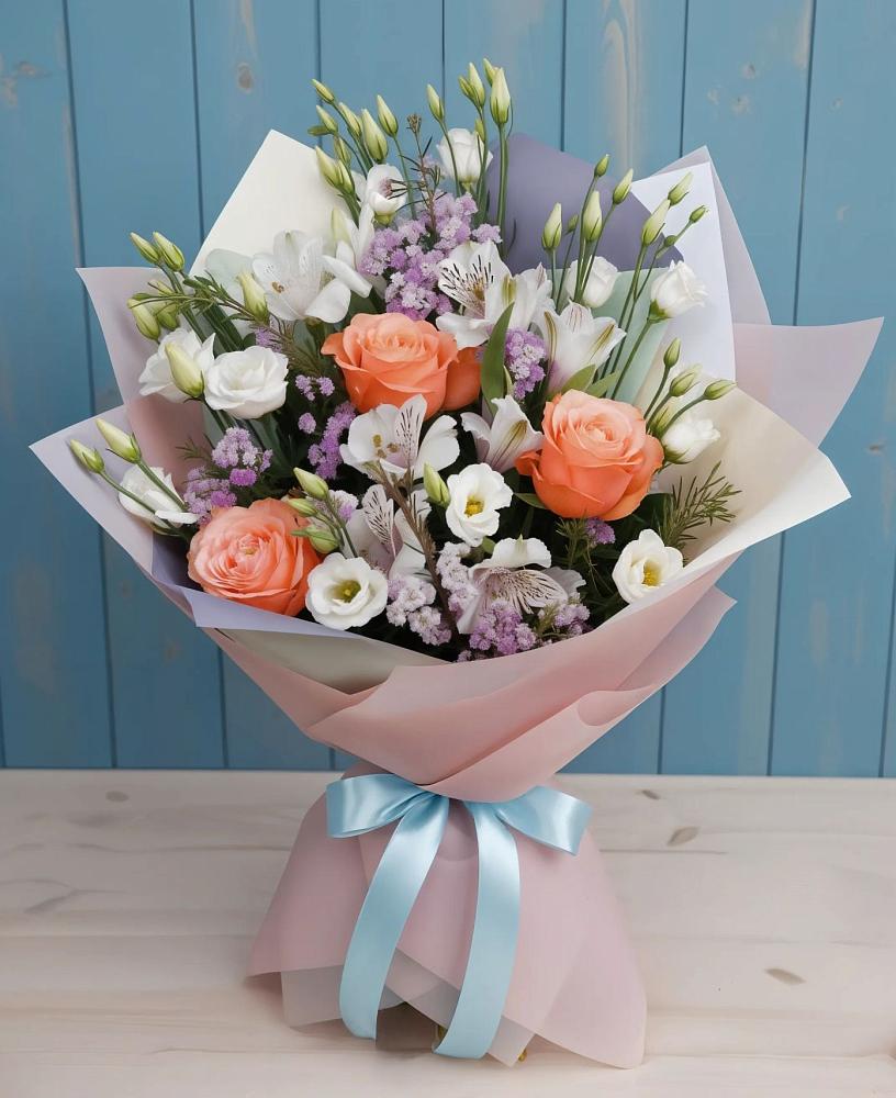 Букет цветов из: Лизиантусы, Розы, Альстромерии и Гипсофила в Каневской
