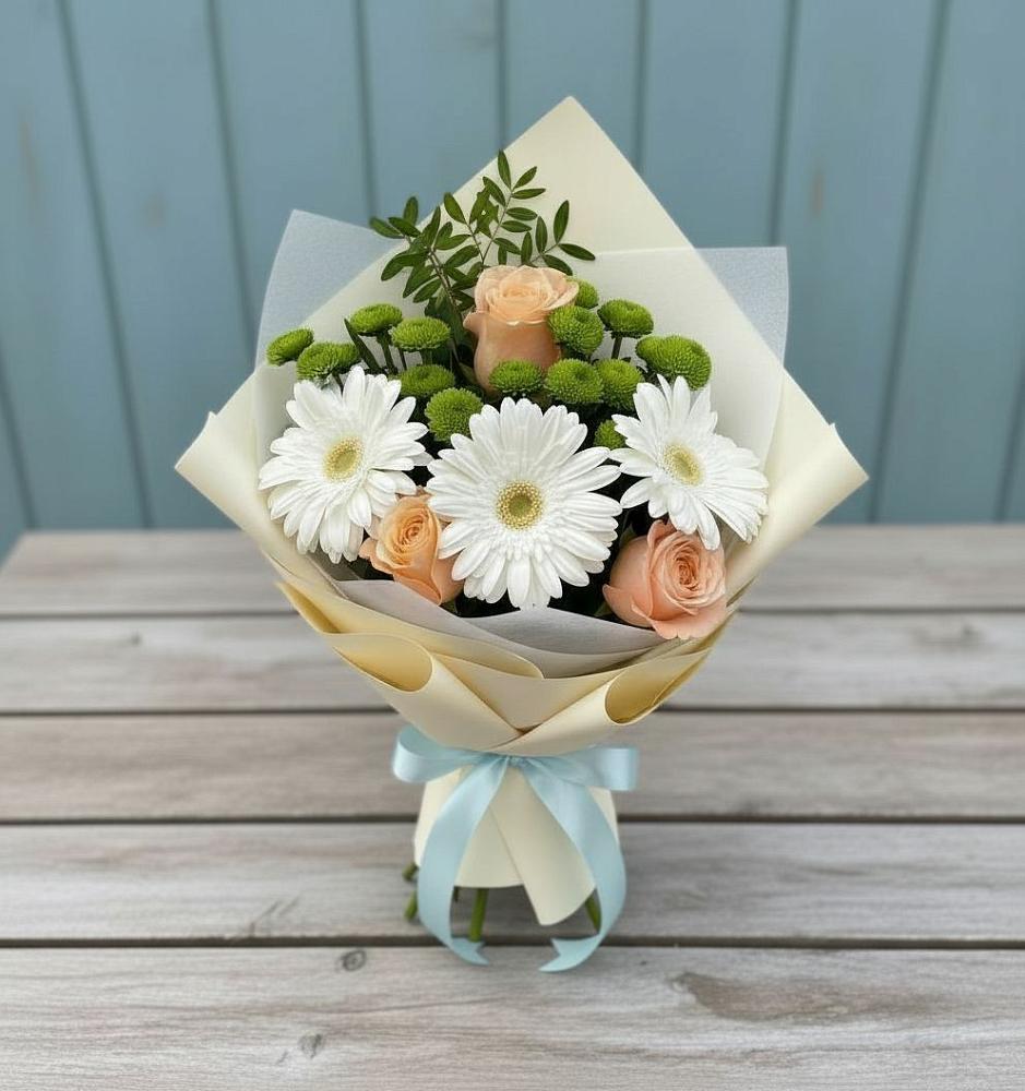Букет цветов из: Герберы, Розы и Хризантемы в Каневской