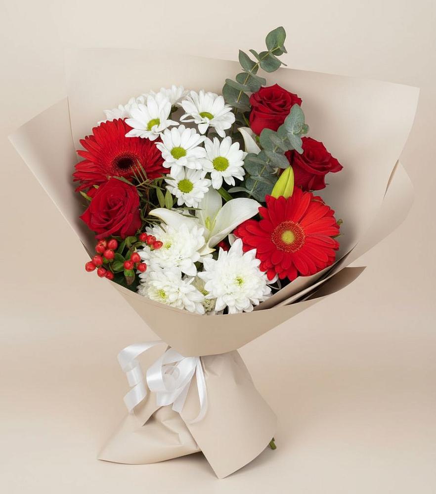 Букет цветов из: Розы, Хризантемы, Герберы и Лилии в Каневской