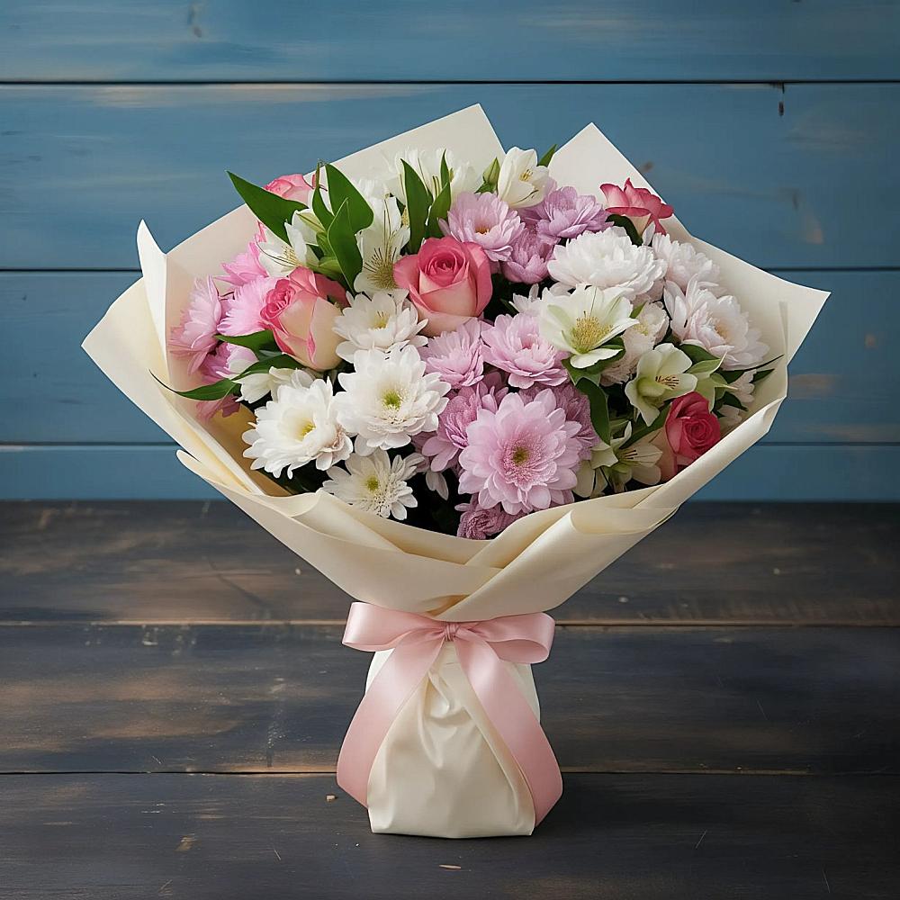 Букет цветов из: Хризантемы, Альстромерии и Розы в Каневской